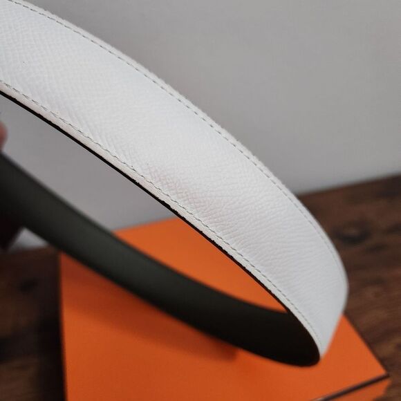Hermès Reversible Belt 75 Craie Vert Gris Epsom Leather H Buckle + Box (Z Stamp)